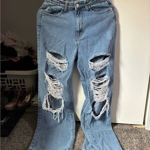Women's Light Blue Distressed Straight Leg Jeans
